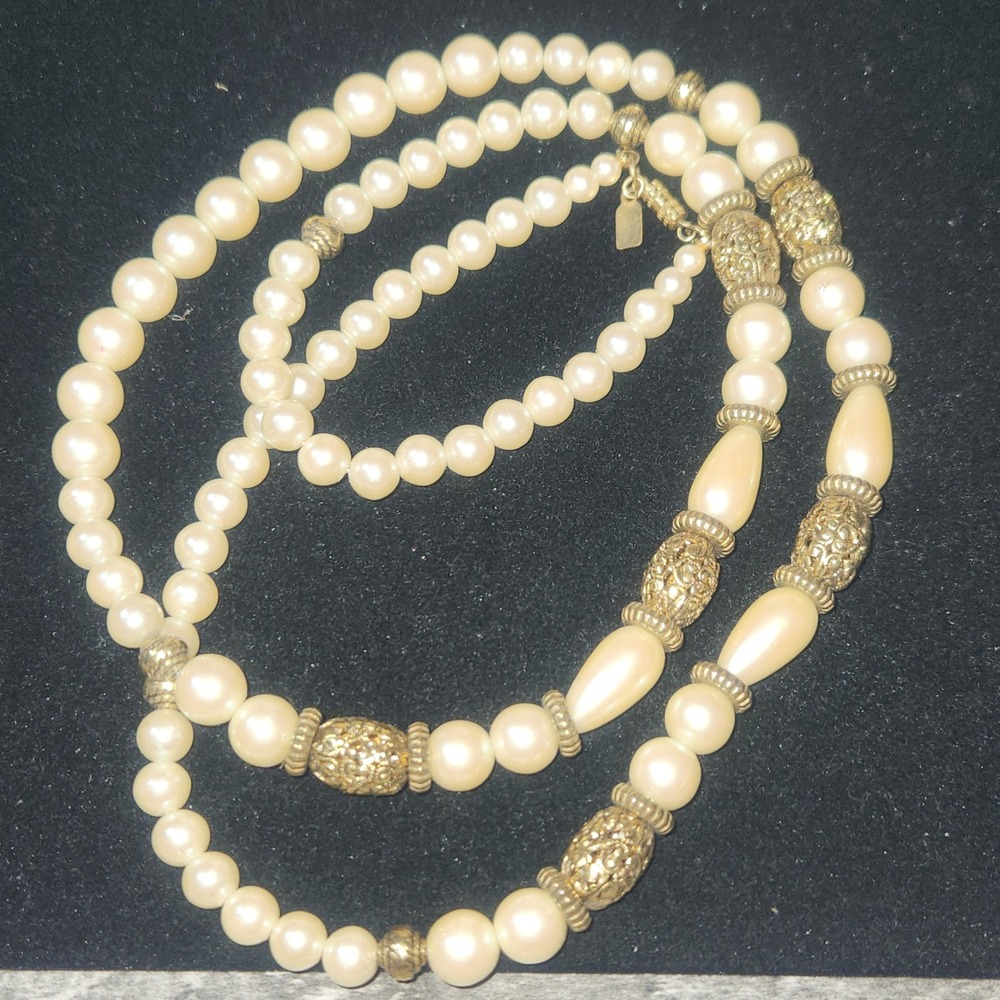 1928 Vintage Faux Pearl Necklace Gold Tone Filigree Multi Strand Cream Beads